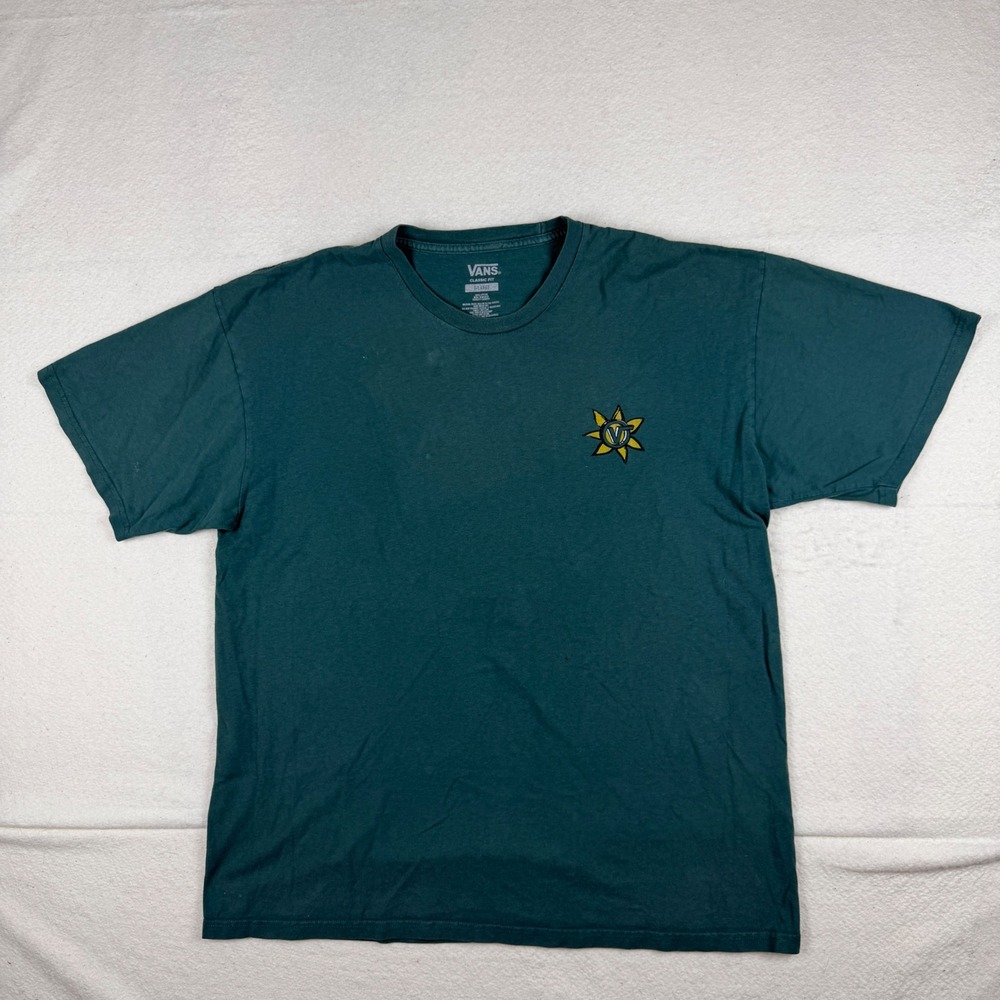 Vans Mens XL Shirt Teal Green Sunflower Graphic Classic Fit Cotton Short Sleeve